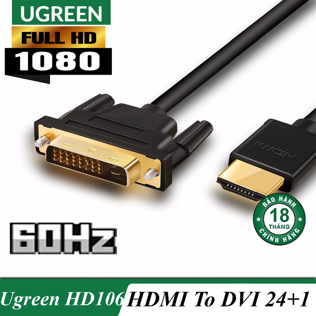 Cáp Chuyển HDMI ra DVI ( hỗ trợ 2 chiều ) Full-HD 1080p Chính Hãng UGREEN HD106 Cao Cấp