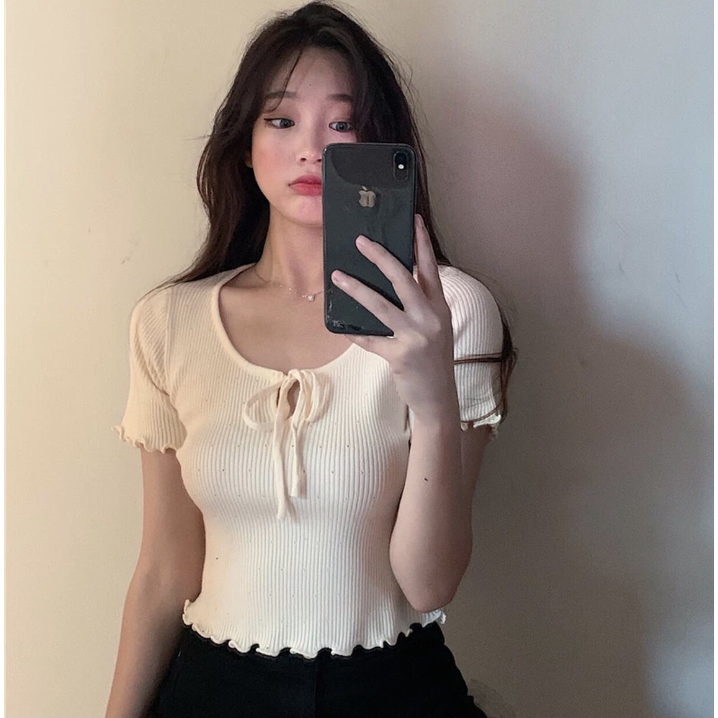 Áo croptop thun gân mềm mịn 𝗙𝗥𝗘𝗘𝗦𝗛𝗜𝗣 tay ngắn cuốn biên khoét ngực, cổ phối thắt nơ xinh xỉu