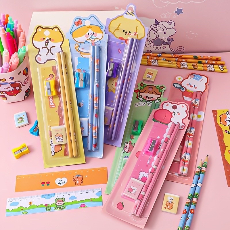 Bộ 5 Dụng Cụ Học Tập Gồm Bút Chì + Tẩy + Thước + Đồ Chuốt Tiện Dụng Cho Bé