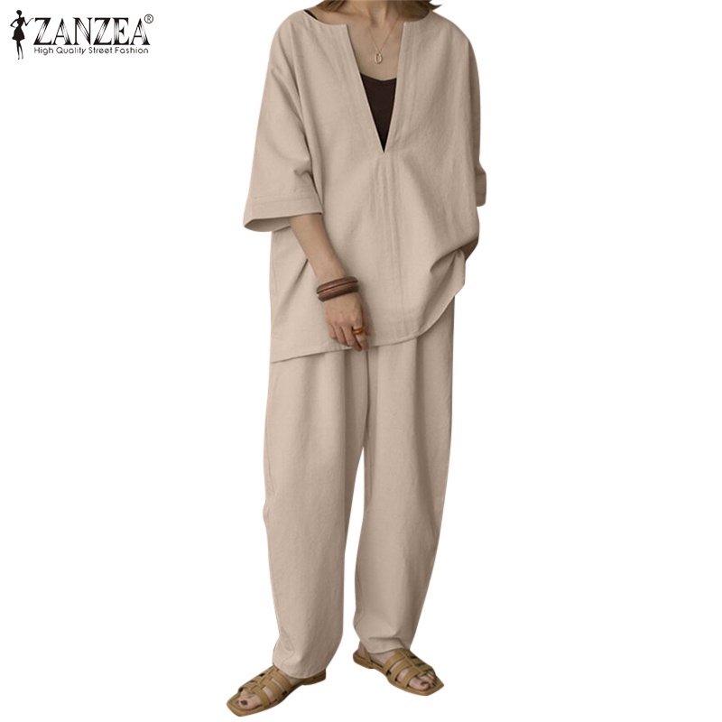 Bộ đồ ZANZEA cổ chữ V tay lỡ phối túi với quần lưng thun đơn giản thời trang dành cho nữ