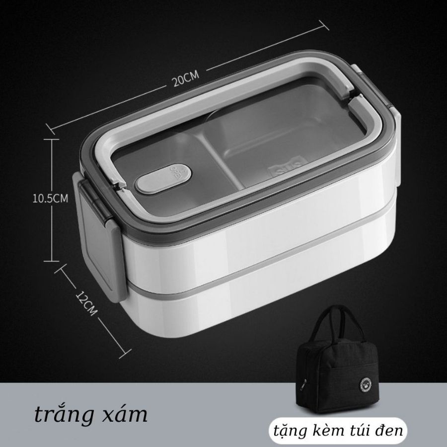 Hộp cơm văn phòng 2 tầng 3 ngăn giữ nhiệt inox 304, tặng kèm túi giữ nhiệt và đũa thìa - H2T