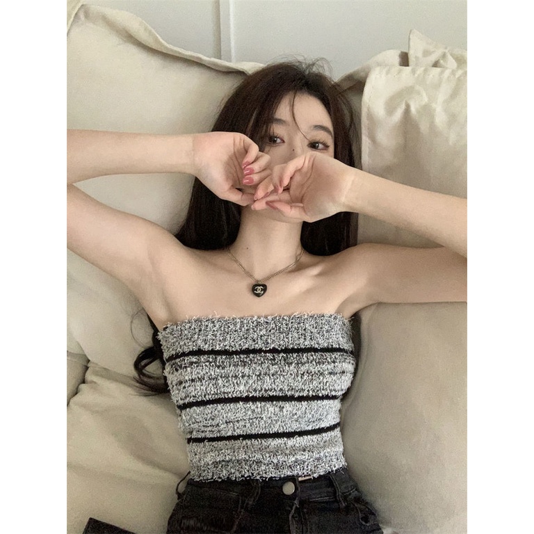 Áo Ống Ngắn Bằng Vải Lông Họa Tiết Kẻ Sọc Chống Chói Gợi Cảm Cho Nữ