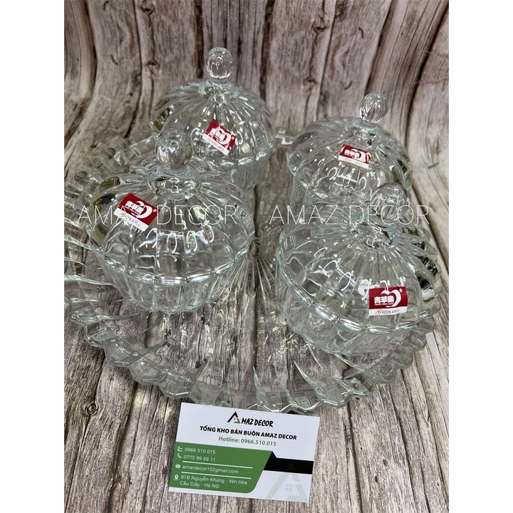 SALE NHẤT NĂM Thố hũ thủy tinh đựng mứt có nắp hạt dưa hình quả bí ngô dày dặn chất lượng cao