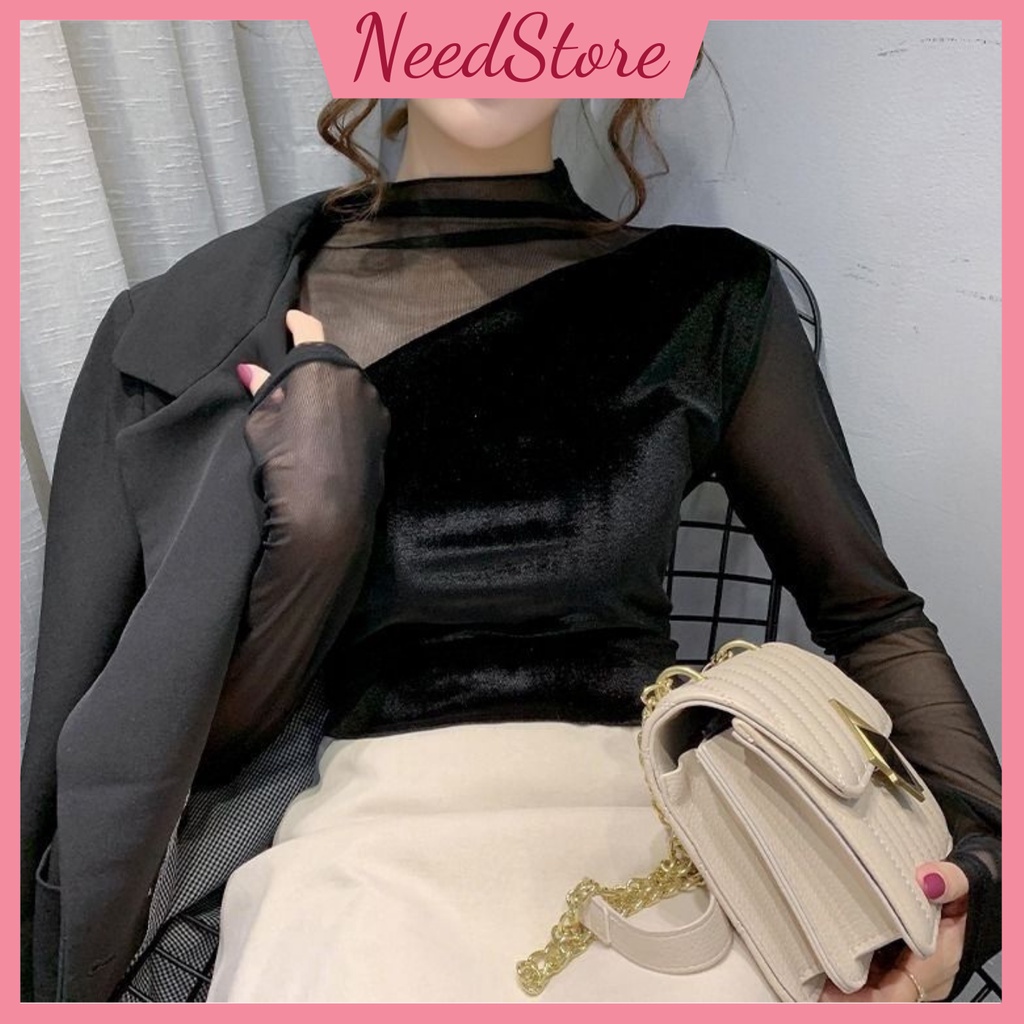 Áo giữ nhiệt nữ cổ tròn chất nhung siêu ấm phối lưới ôm body co giãn sang trọng quý phái phối vest blazer