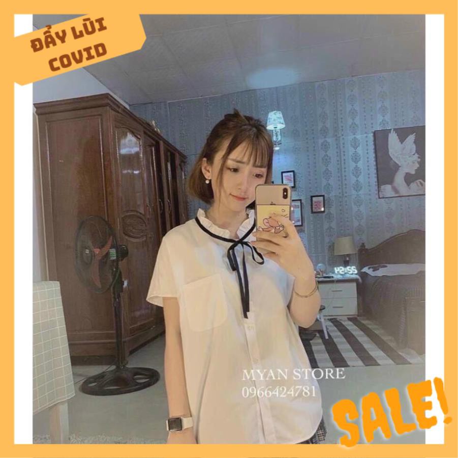 [ƯU TIÊN SỈ] ÁO SƠ MI NỮ CỘC TAY VẢI THÔ CỔ BÈO CÓ DAY NƠ BUỘC