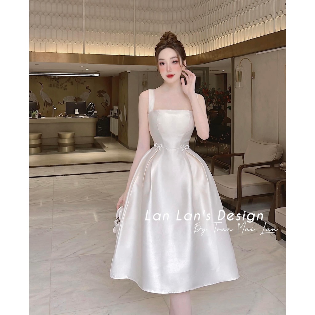 Đầm nữ dự tiêc cổ vuông ,đầm 2 dây cúp ngực dáng xoè đính nơ eo chất tapda sang trọng, quyến rũ