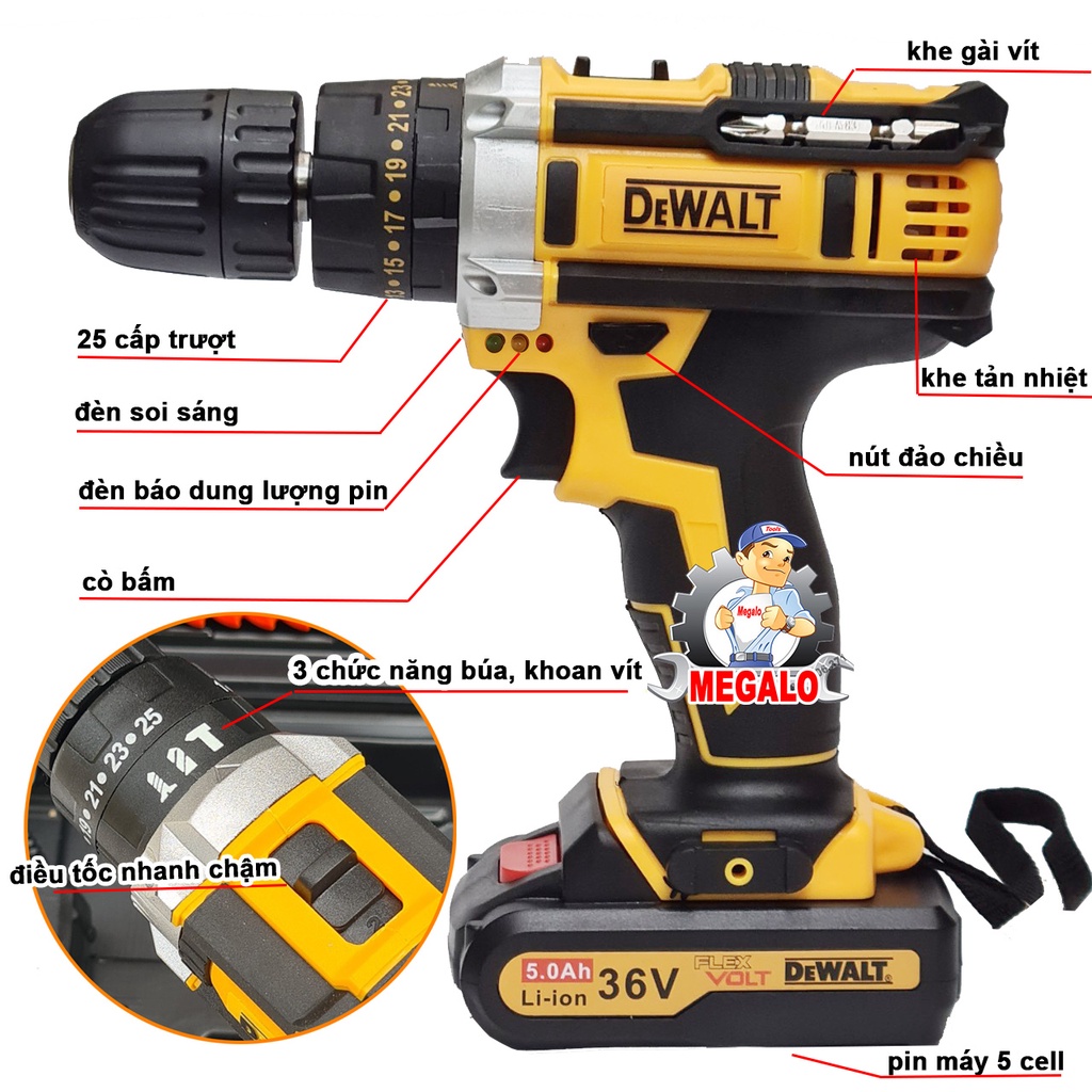 Máy khoan pin Dewalt 36V (LOẠI I), bắt vít khoan tường khoan bê tông,khoan sắt 3 chức năng, model DCD771