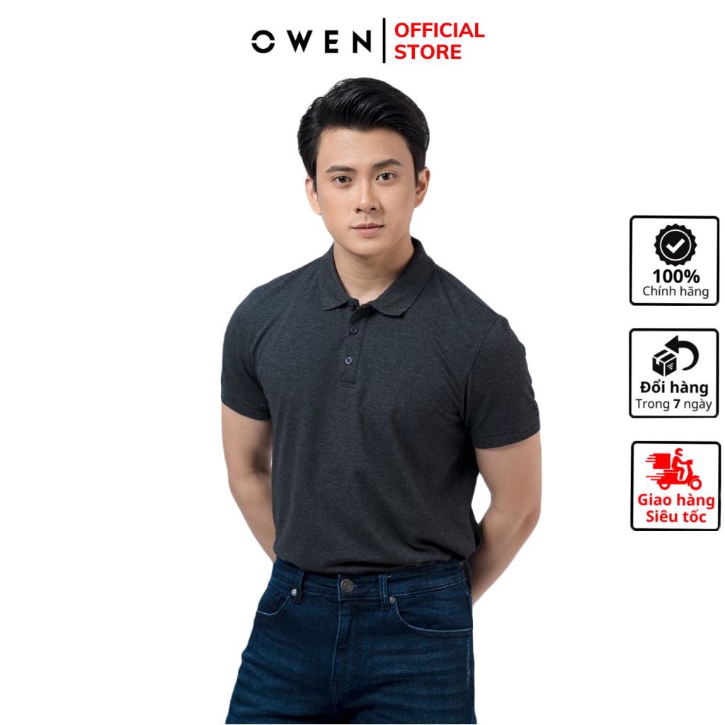 Áo thun nam có cổ polo OWEN APV220339 phông ngắn tay hàng hiệu cao cấp dáng body fit màu đen melange vải cotton mềm mát