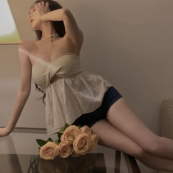 Áo ZHELIHANGFEI dệt kim phối ren hở vai quyến rũ thời trang sành điệu