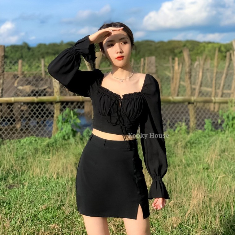 KOOKY HOUSE - ÁO JUHI ĐEN - Áo Croptop tay dài thiết kế nhún ngực thời trang và cao cấp