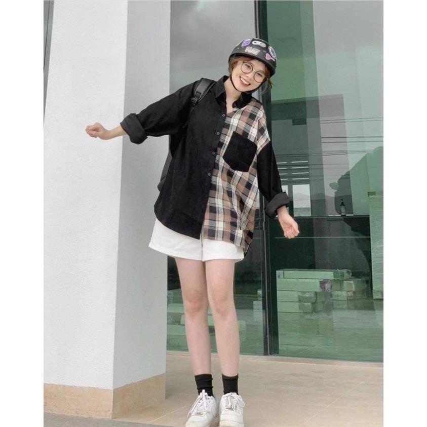 Áo Sơ Mi Nữ Phối Caro Kẻ Nâu form rộng freesize hucott