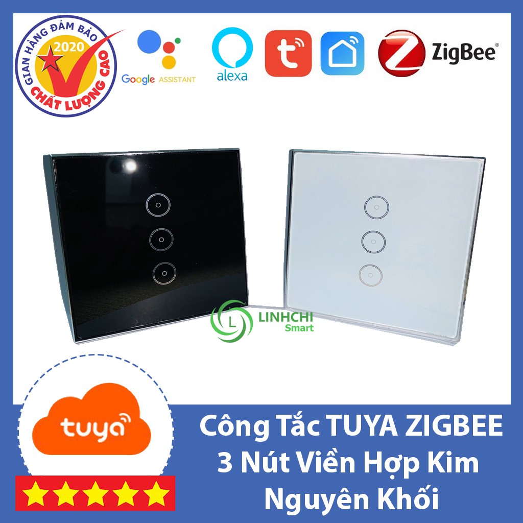Công Tắc Cảm Ứng TUYA ZIGBEE 3 Nút VUÔNG Viền Hợp Kim Nguyên Khối - BH 12 Tháng