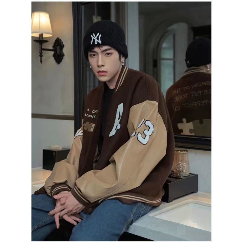 Áo khoác bóng chày vải len phối nhung dày tùy chọn màu sắc và họa tiết retro thời trang cho nam