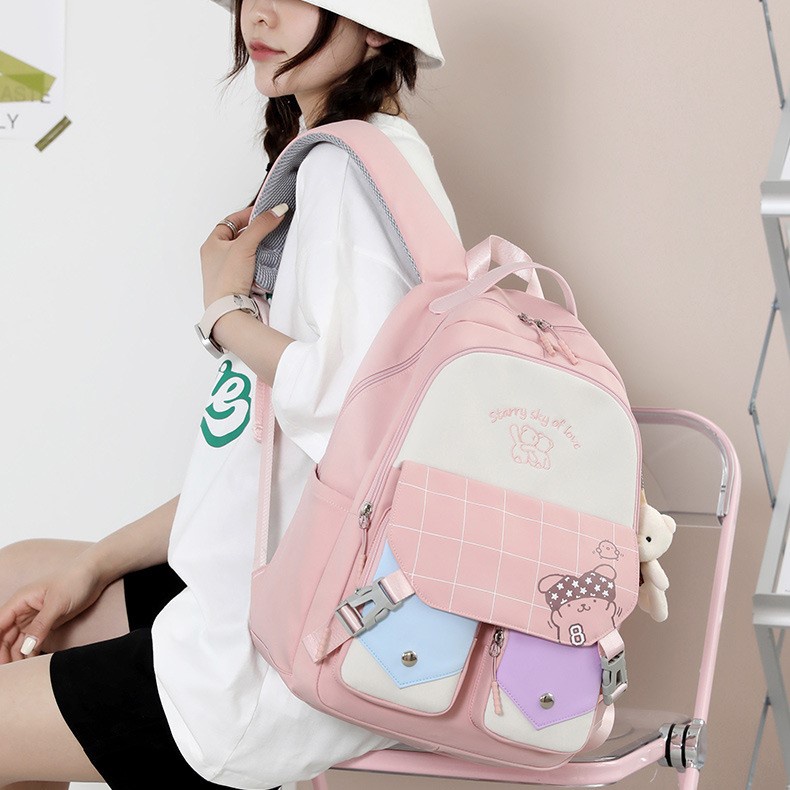 Balo Ulzzang Hàn Quốc Nam Nữ Chống Nước, Balo Đi Học Cho Học Sinh Lớp 4-5, Cấp 2, Cấp 3, Sinh Viên Tặng Kèm Móc Gấu