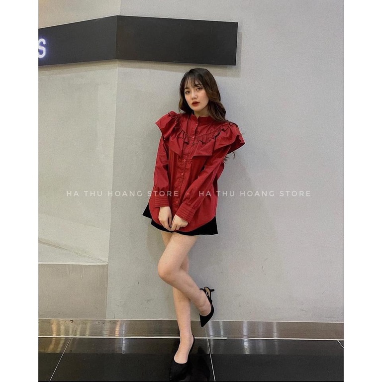 ÁO SƠ MI ĐỎ NỮ CỔ TÀU BÈO RỦ