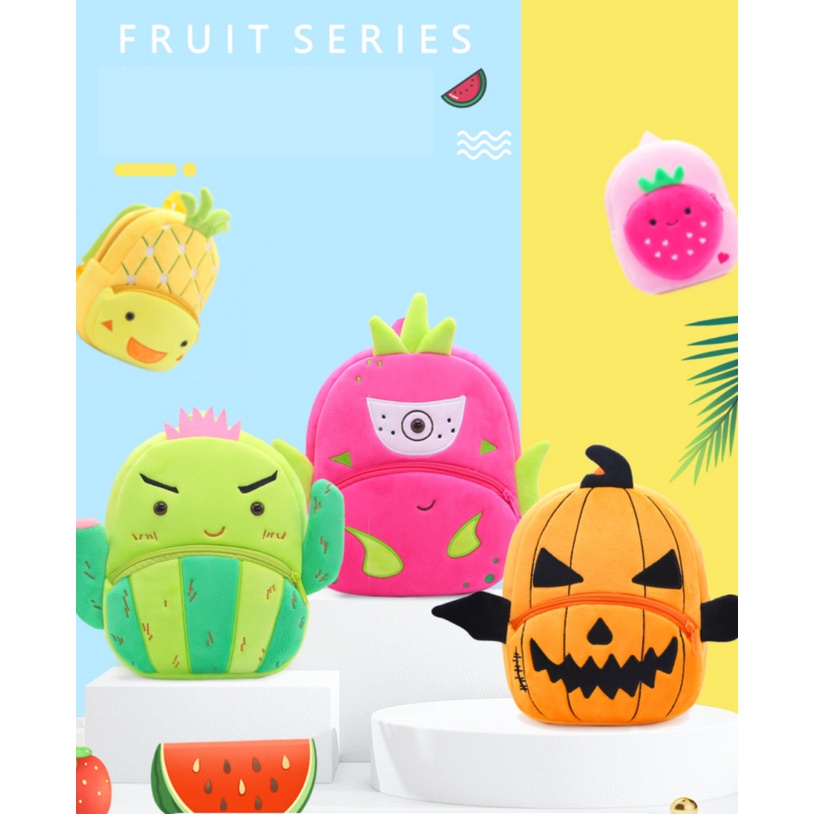 Balo cho bé đi học mẫu giáo chống gù siêu nhẹ unisex in hình trái cây siêu đáng yêu chất nỉ mềm mại