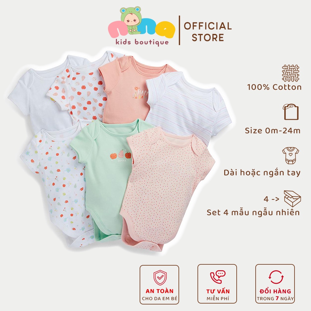 Body suit cho bé trai, gái Nina Kids Boutique Set 4 body chip Ngẫu nhiên Chất cotton mềm mát Size 0 24m