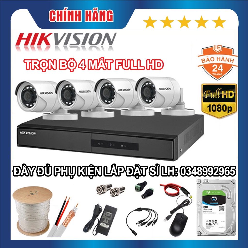 Bộ Camera giám sát HIKVISION Full HD 1080P - Trọn bộ 4 mắt 1080P + Đầu ghi ĐỦ PHỤ KIỆN