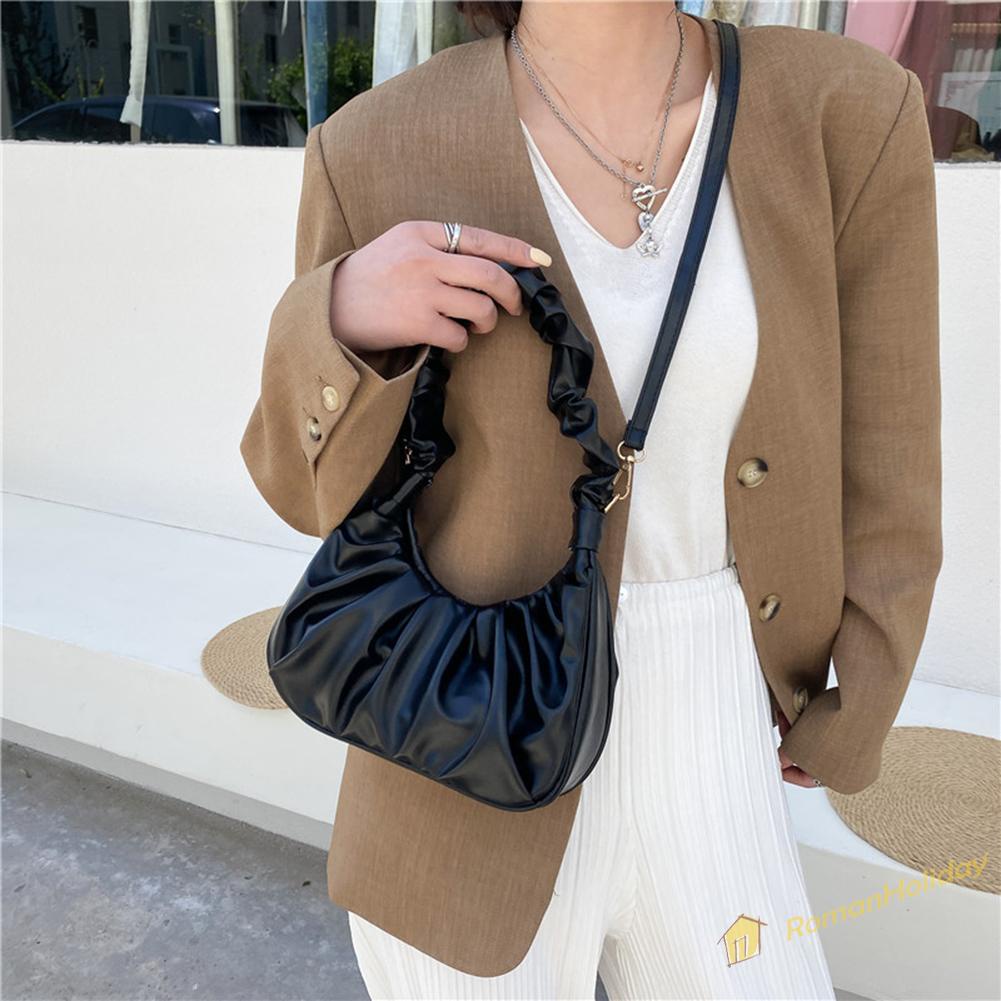 【On Sale】Fashion Women Pure Color Canvas Shoulder Underarm Bag Pleated Hobos Handbag