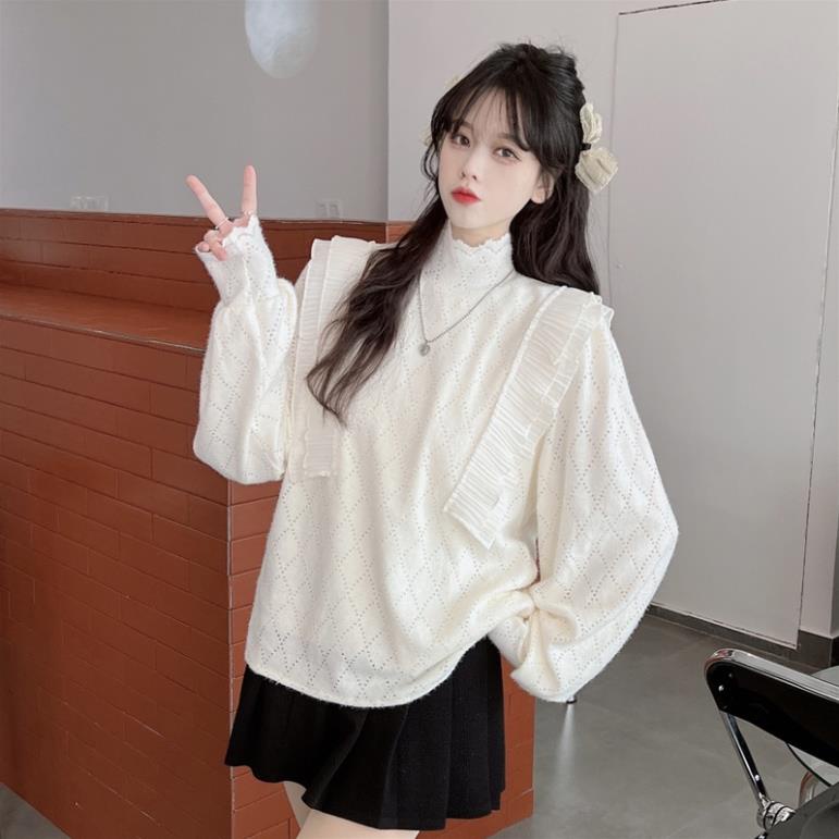 Áo Sơ Mi Kiểu Cánh RơiNữ Vải Mềm Phối Ren Dài Tay Bo Cổ Lọ Màu Trắng Be Hàn Quốc Tiểu Thư Dễ Thương Hàng QCCC Loại 1