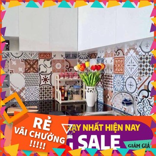 [ Diện tích dán - 5m2 ] Decal gạch bông cổ điển màu nâu phối vàng xám, Decal dán bếp, Decal dán tường, dán kệ, tủ gỗ ...