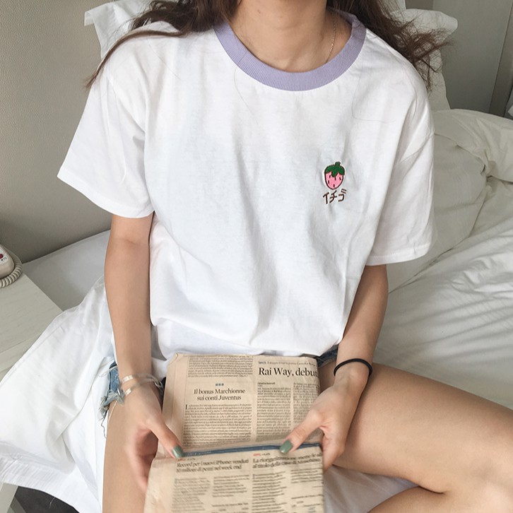 Áo thun SUXI cổ tròn dáng rộng thêu hình trái cây xinh xắn cho nữ