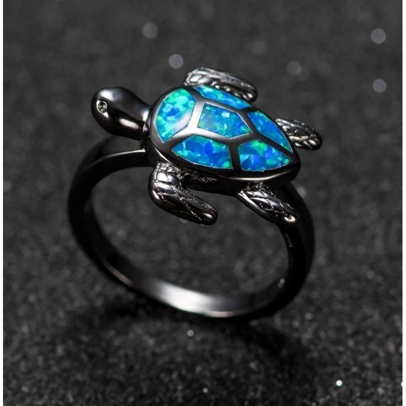 Perhiasan Cincin Kawin / Tunangan Desain Kura-Kura Hitam Opal Biru 14kt untuk Pria / Wanita