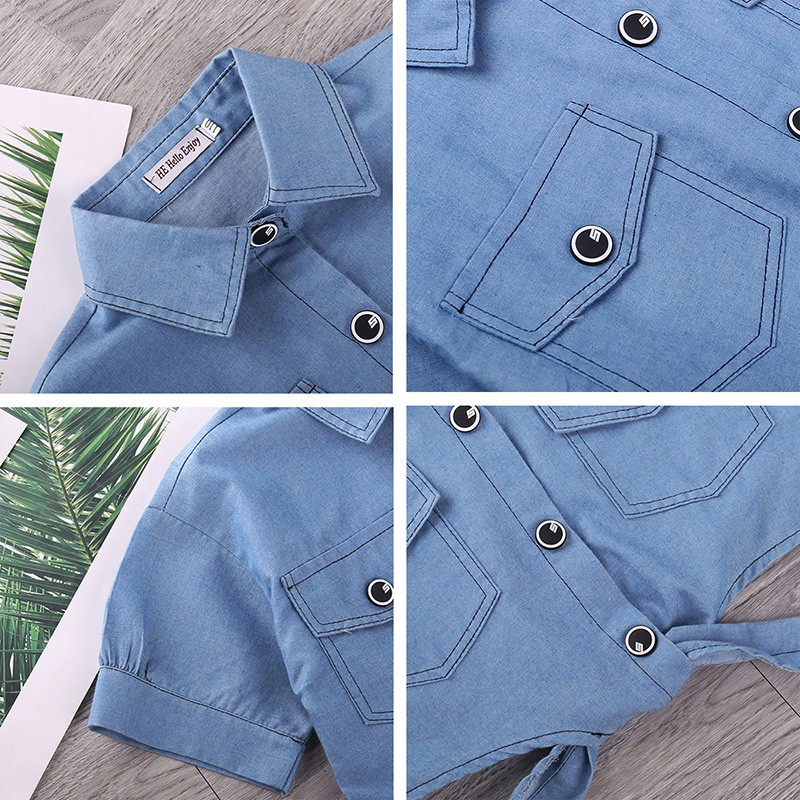 Áo kiểu SIYYIS tay ngắn đính nút phía trước thời trang cho bé gái 5-12 tuổi