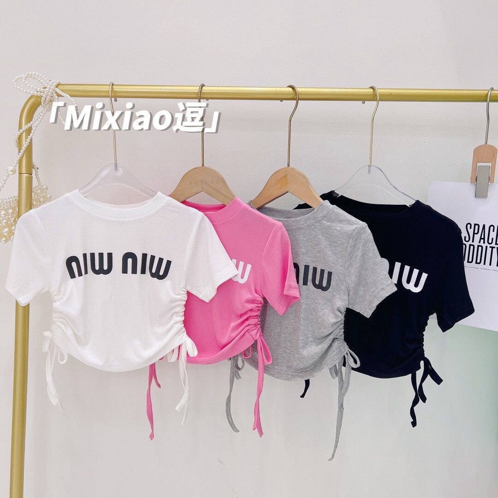 Áo Thun Cotton Cổ Tròn Tay Ngắn Phối Dây Rút Phong Cách Hàn Quốc Thời Trang Mùa Hè Cho Bé Gái