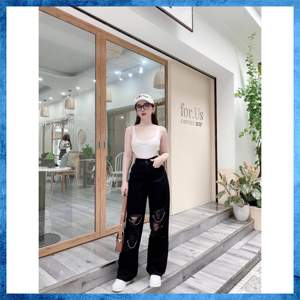 Quần jeans nữ, quần bò suông dài, rách, lưng cao túi chéo phối dây xích. Mã D2170