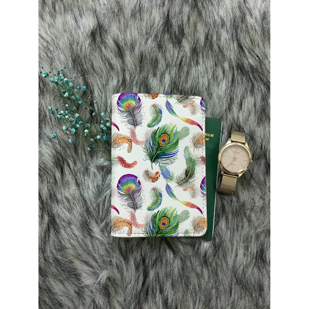 Ví bọc hộ chiếu (passport holder) hoa văn lông vũ phong cách Boho