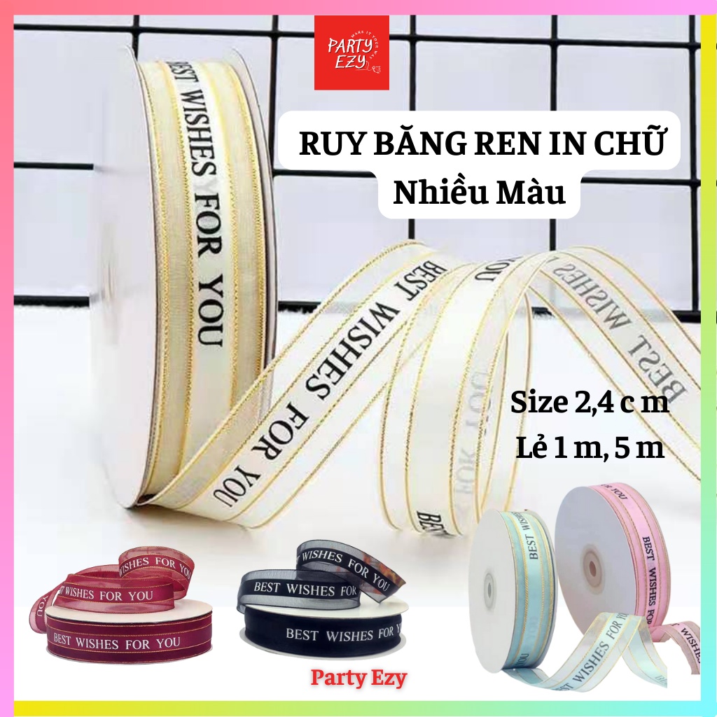 1m, 5m Ruy Băng Voan/Ren Viền Kim Tuyến In Chữ