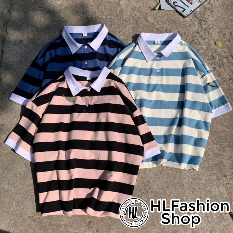 Áo polo thun cổ trụ Unisex sọc ngang to bản lịch sự đơn giản, áo thun có cổ HLFashion | BigBuy360 - bigbuy360.vn