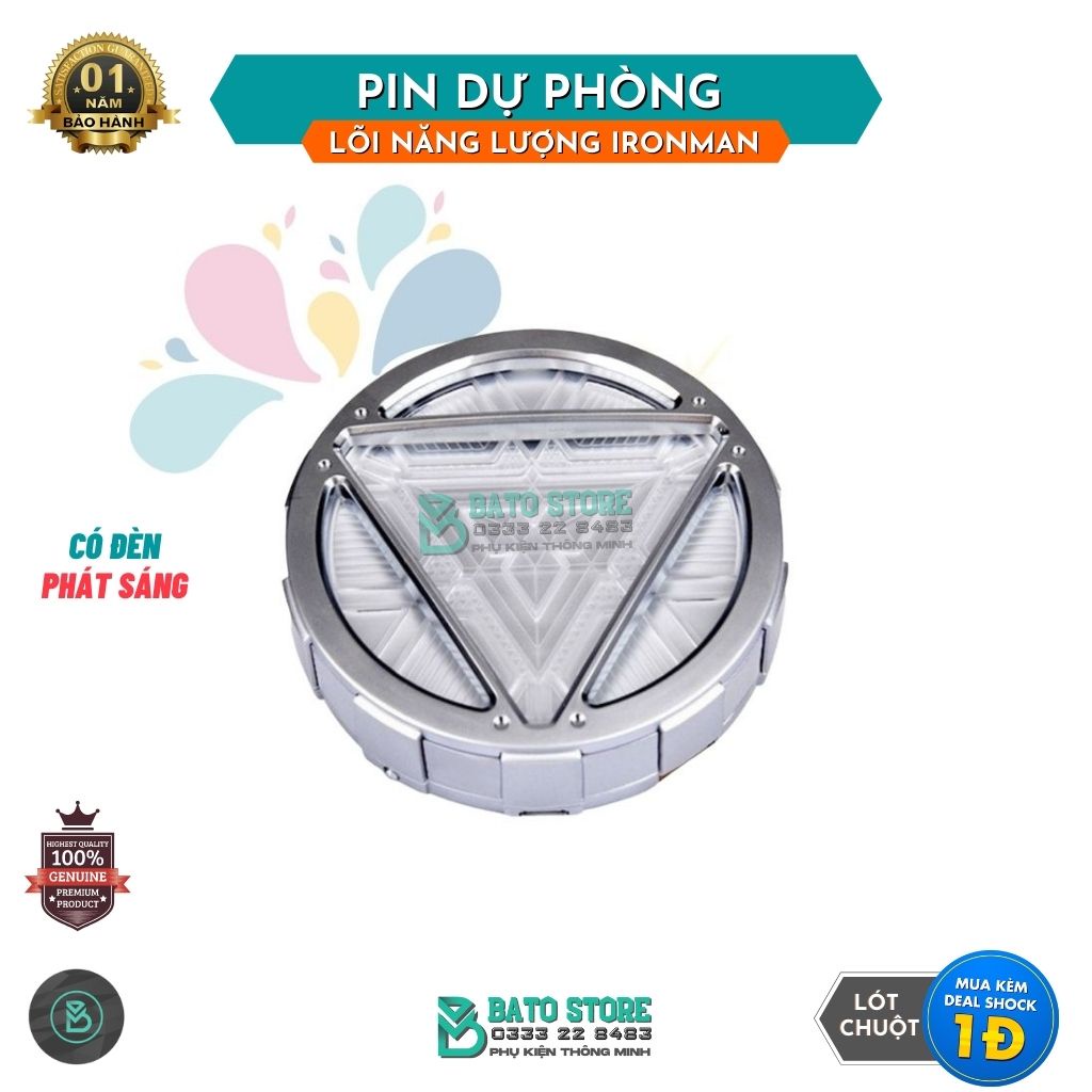 (CÓ SẴN) Pin Sạc Dự Phòng Lò Phản Ứng Iron Man 12000mah, Có Đèn Phát Sáng - Tặng ngay cáp sạc 2 chân siêu đẹp