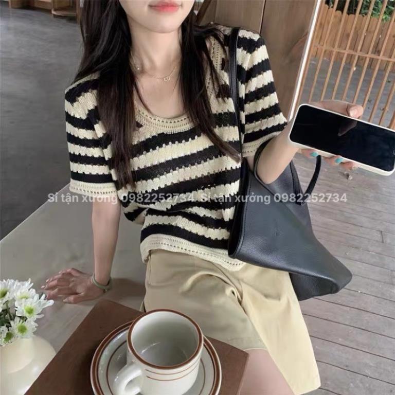 Áo dệt kim cộc tay phối kẻ ngang ulzzang mùa hè, áo len mỏng ngắn tay dáng rộng