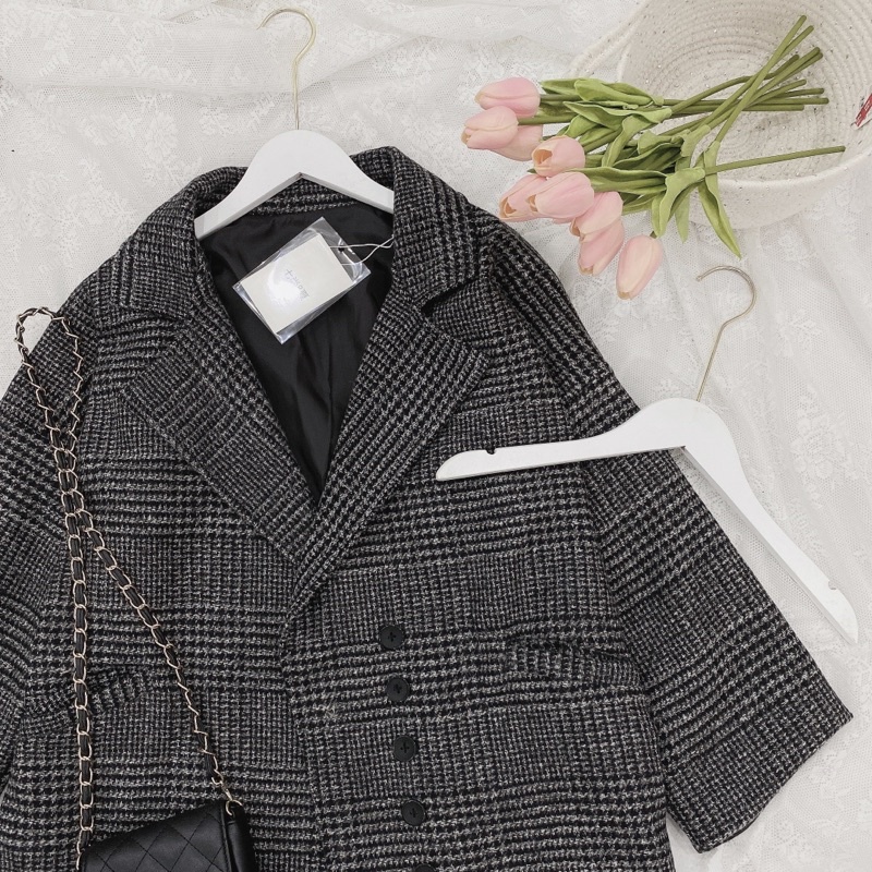 ÁO BLAZER KHOÁC DÁNG DÀI CHẤT DẠ KẺ CARO