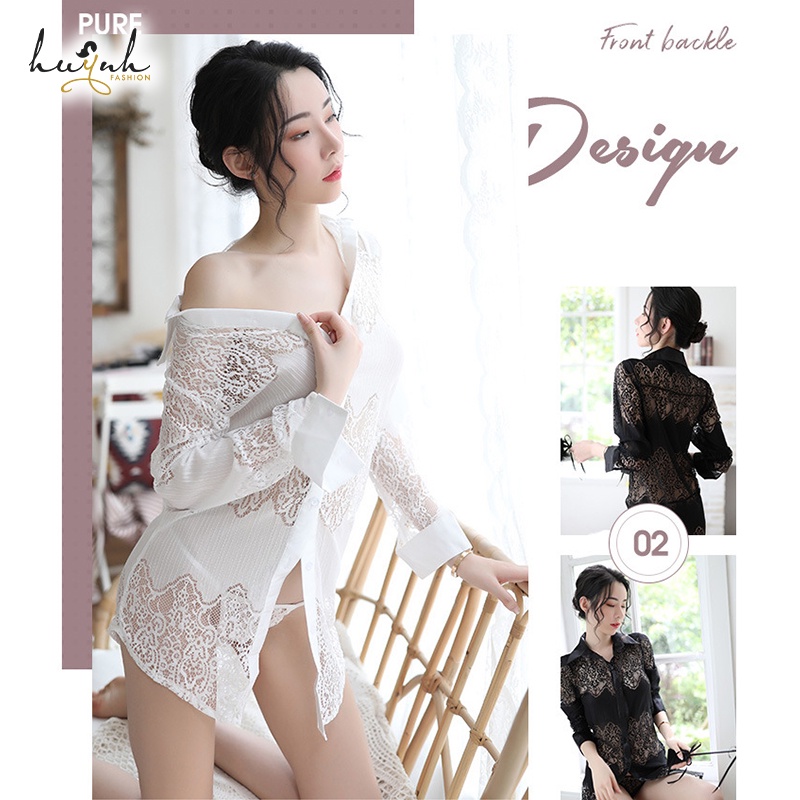 Áo Ngủ Sơ Mi Ren Mịn Dài Tay Dáng Suông - N88
