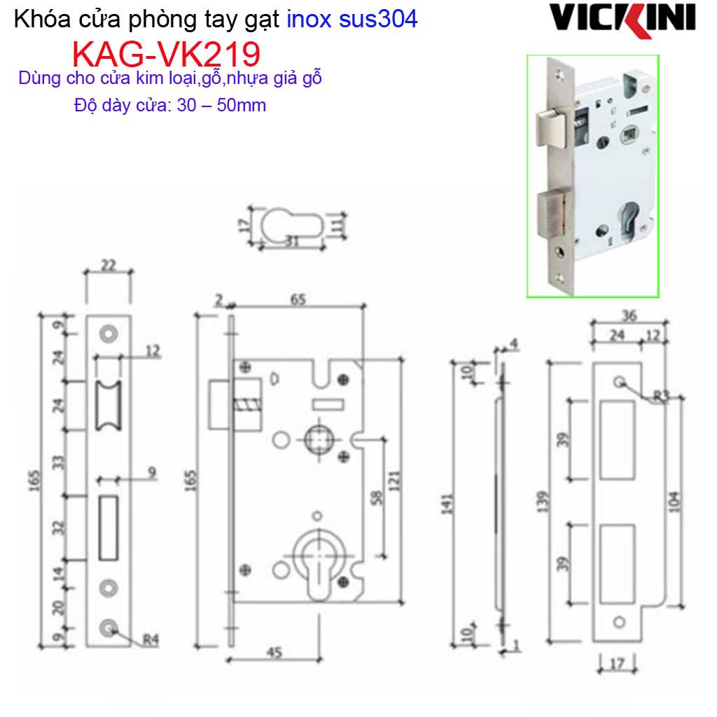 Khóa tay gạt Vickini, khóa tay gạt 1 đầu vặn 1 đầu chìa, khóa phòng tay gạt trọn bộ KAG-VK219