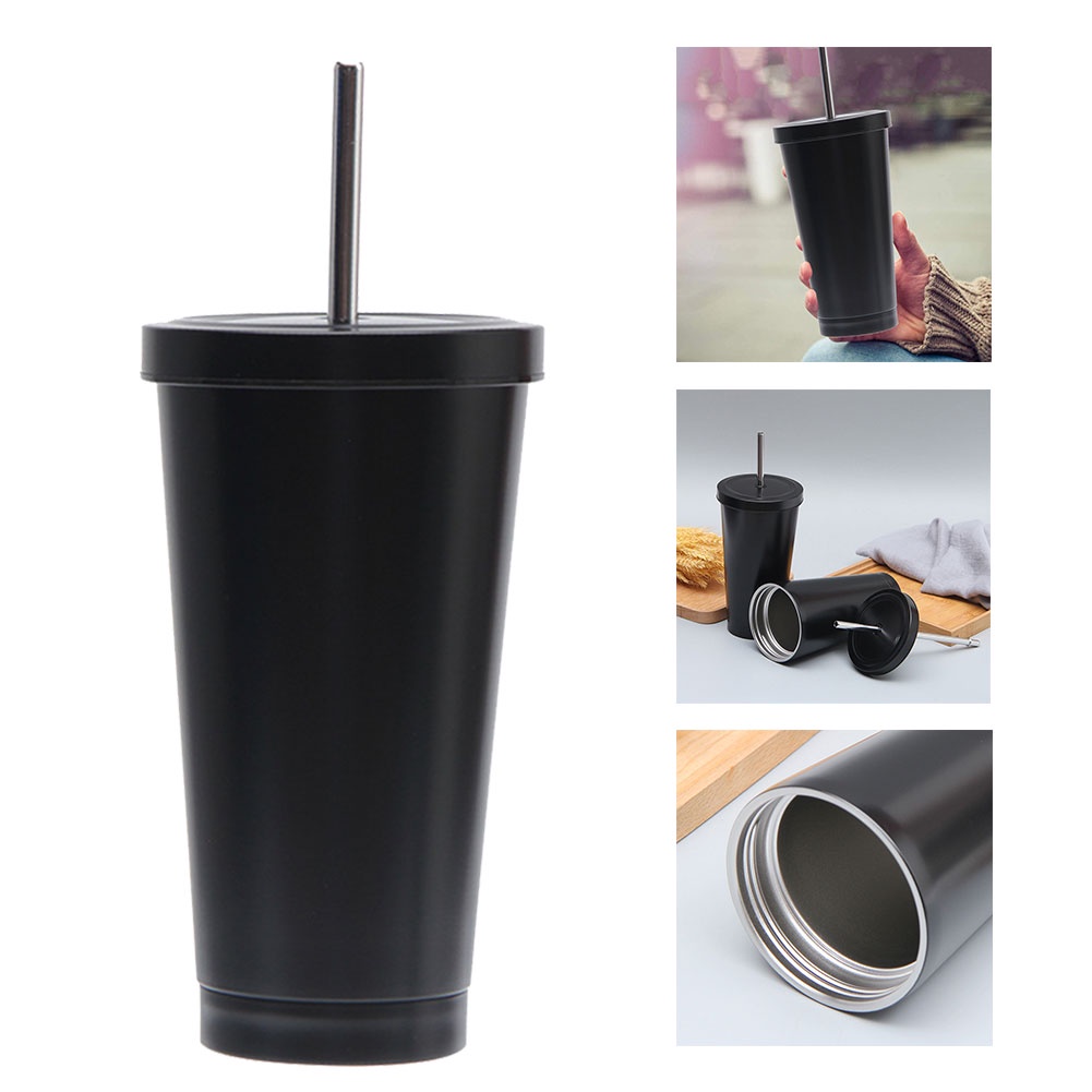 Tumbler with Straw Travel Mugs Straw Cup Stainless Steel Water Cup with Leakproof Lid Straws for Ice Cold Warm Drinking 500ml 