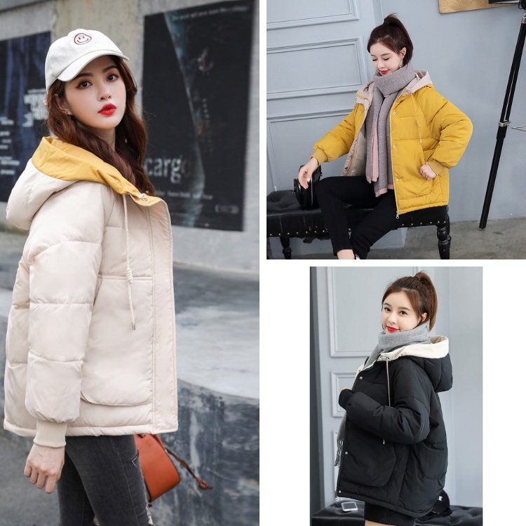 Áo phao nữ Hàn Quốc màu vàng đen kem dày dặn có mũ mùa đông 2021 phong cách ulzzang vintage quảng châu YAP2