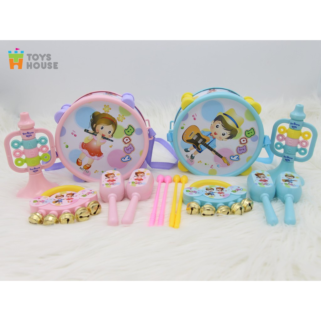 Set đồ chơi Xúc xắc, lục lạc, kèn, trống Toyshouse dành cho bé từ sơ sinh TH1220-733A giúp bé phát triển thính giác