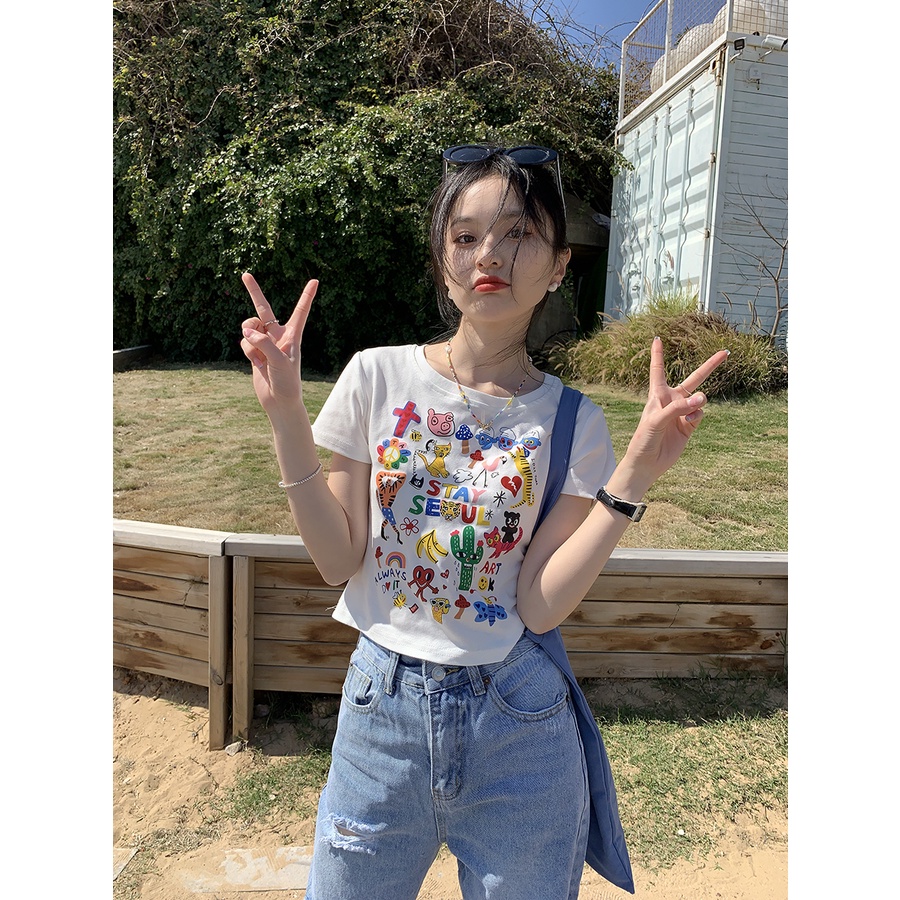 Áo Thun Tay Ngắn Cổ Tròn Màu Đen In Họa Tiết Hoạt Hình Phong Cách Hàn Quốc Thời Trang Cho Nữ