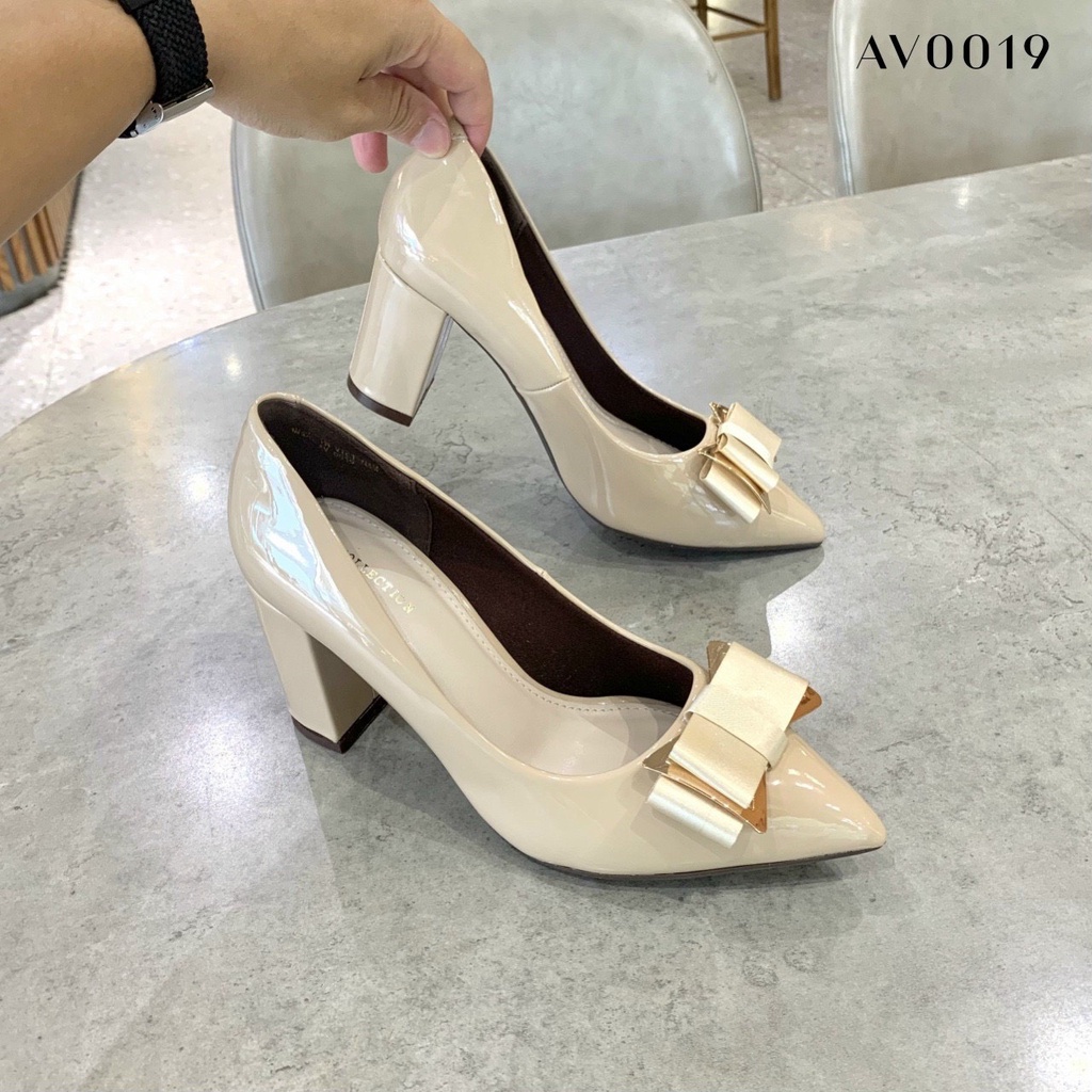 Giày cao gót bít mũi  5 phân mũi nhọn  Annmodelsgót vuông chất liệu xi bóng phối nơ viền đồng cao cấp _A026_GVNOVIENDONG