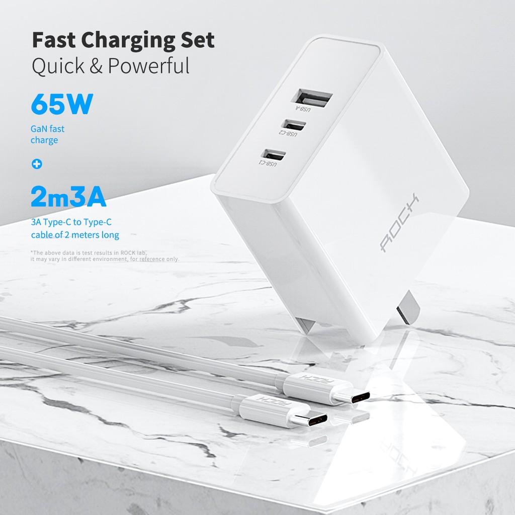 Củ sạc nhanh 3 cổng PD QC 3.0 ROCK GaN Super Fast Charger Set 65W