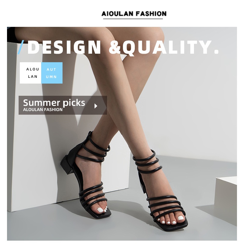 Giày Sandal Cao Gót Hở Ngón Mũi Vuông Màu Trơn Thời Trang Mùa Hè Cho Nữ