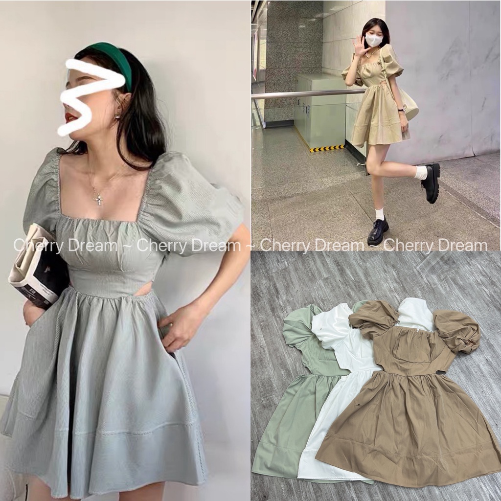 Váy babydoll cổ vuông, Đầm trễ vai ulzzang Đi Chơi, Đi Dự Tiệc