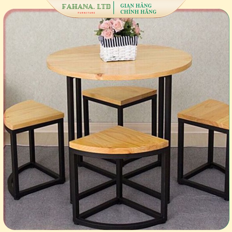Bộ Bàn Ghế Ăn xếp gọn với thiết kế đơn giản mặt gỗ thông thích hợp decor quán cafe, quán ăn, homestay.