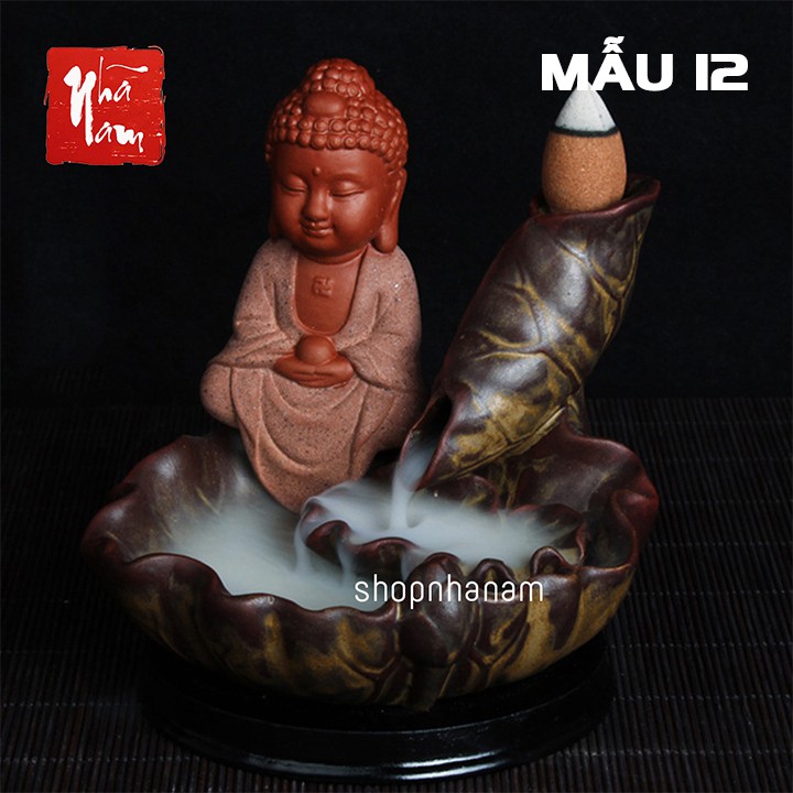 Thác khói trầm hương để bàn tặng 3 nụ trầm như lai nhập định phật tổ tọa thiền cạnh hồ sen đồ gốm sứ tráng men