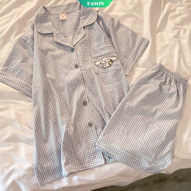 Bộ Đồ Ngủ Pijama Ngắn Tay Cổ Bẻ Họa Tiết Caro Phối Cục Bông pom pom Dễ Thương Dành Cho Nữ 2022