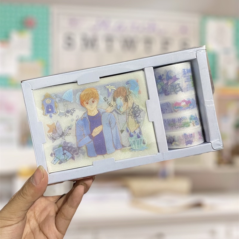 Set 3 cuộn băng keo hình trang trí kèm 8 miếng sticker trang trí sổ nhật ký, Washi Tape (Giao mẫu ngẫu nhiên)